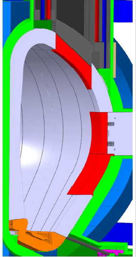 Her ses et tværsnit af reaktorkammeret. Den har form som en donut. Herinde svæver det ringformede plasma uden at røre væggene. De grå områder udgør det meste af reaktorvæggen. Den skal opbygges af aflange kasser, der kan fjernes en efter en. De røde områder er ”indgang-plugs” til kammeret.  Kilde: Christian Bachmann, Eurofusion.